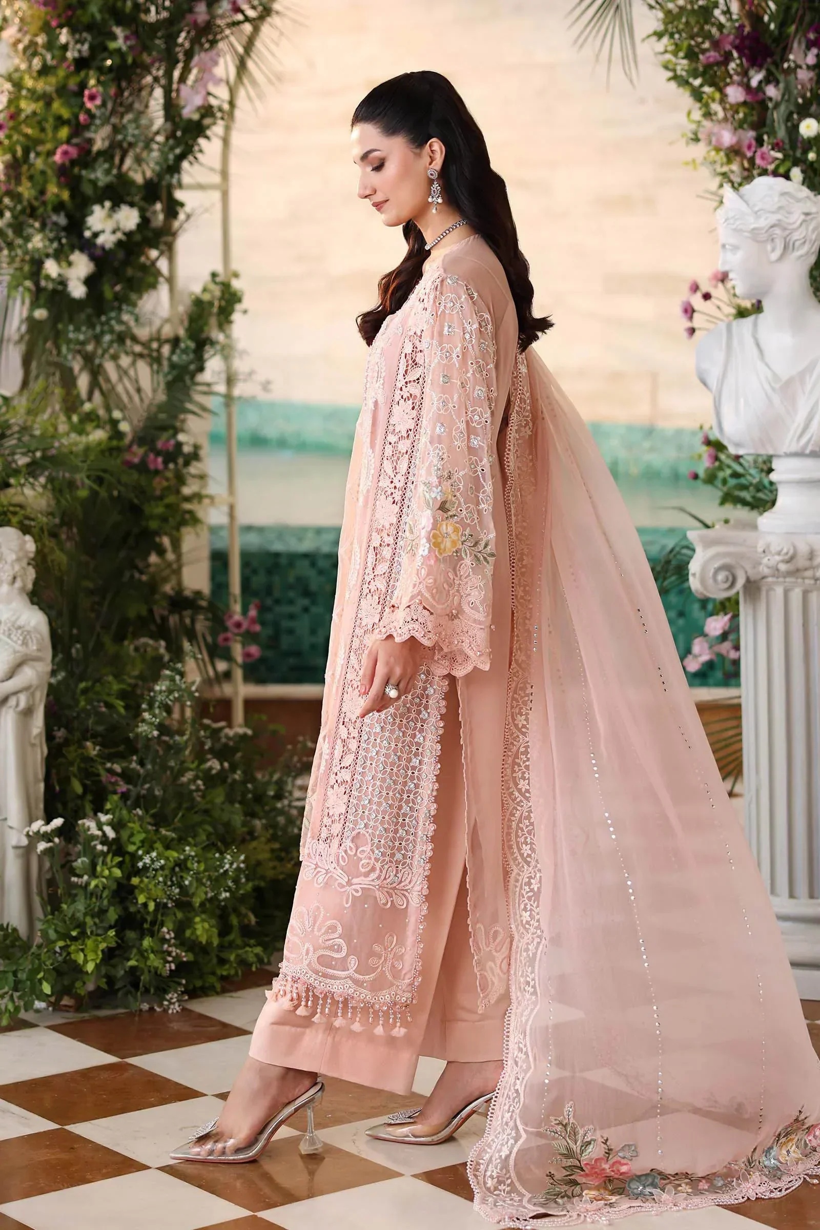 MARIA B Embroidered Chiffon clothing in pink tones.